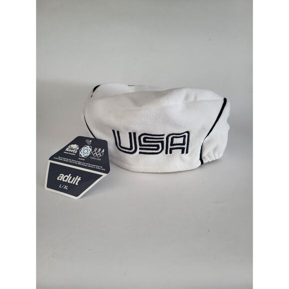 Roots USA Winter Olympics Torino 2006 White Fleece Hat Cap Beret Beanie L/XL - Picture 1 of 7
